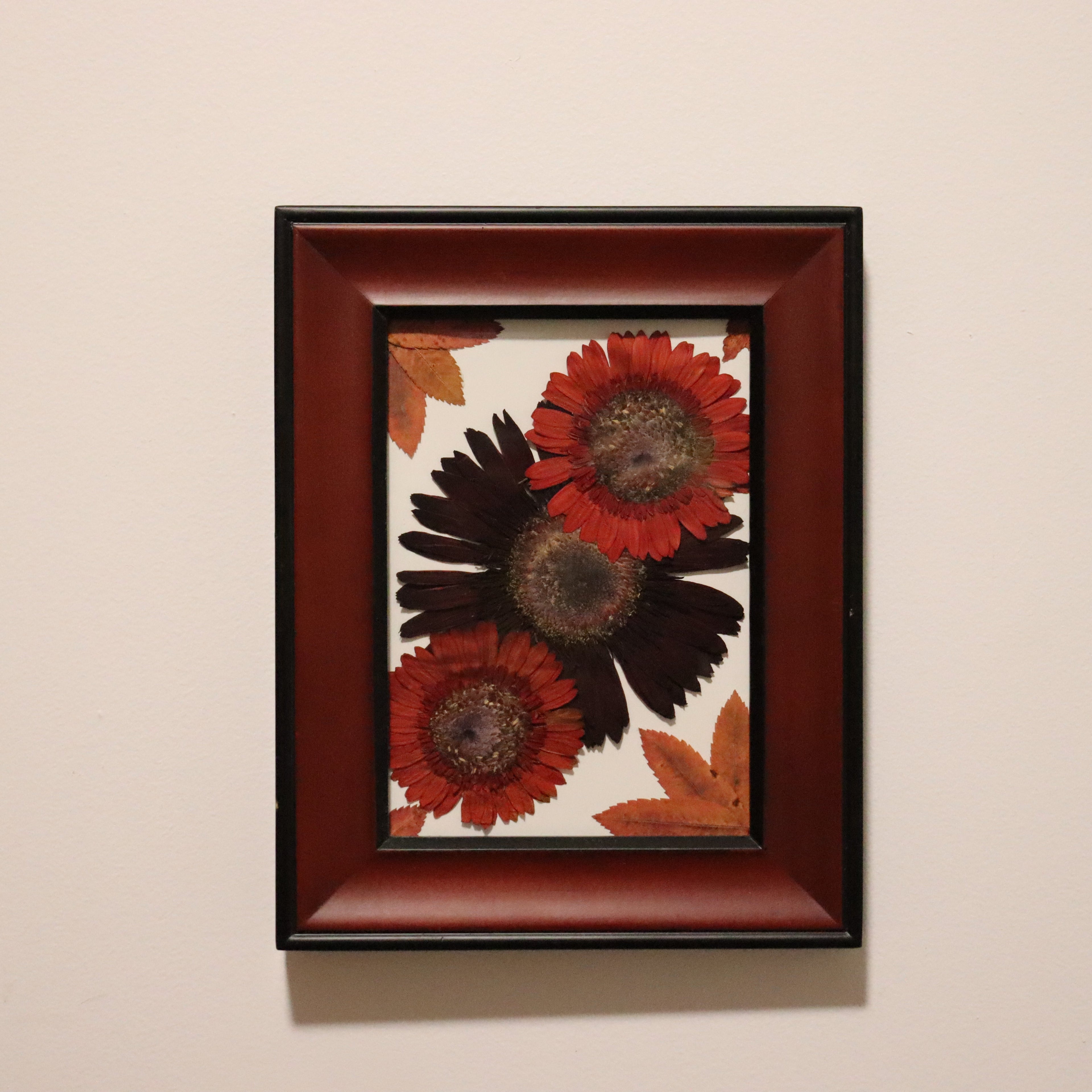 framed artwork of red and orang gerbera daisies in mahogany and black colored frame