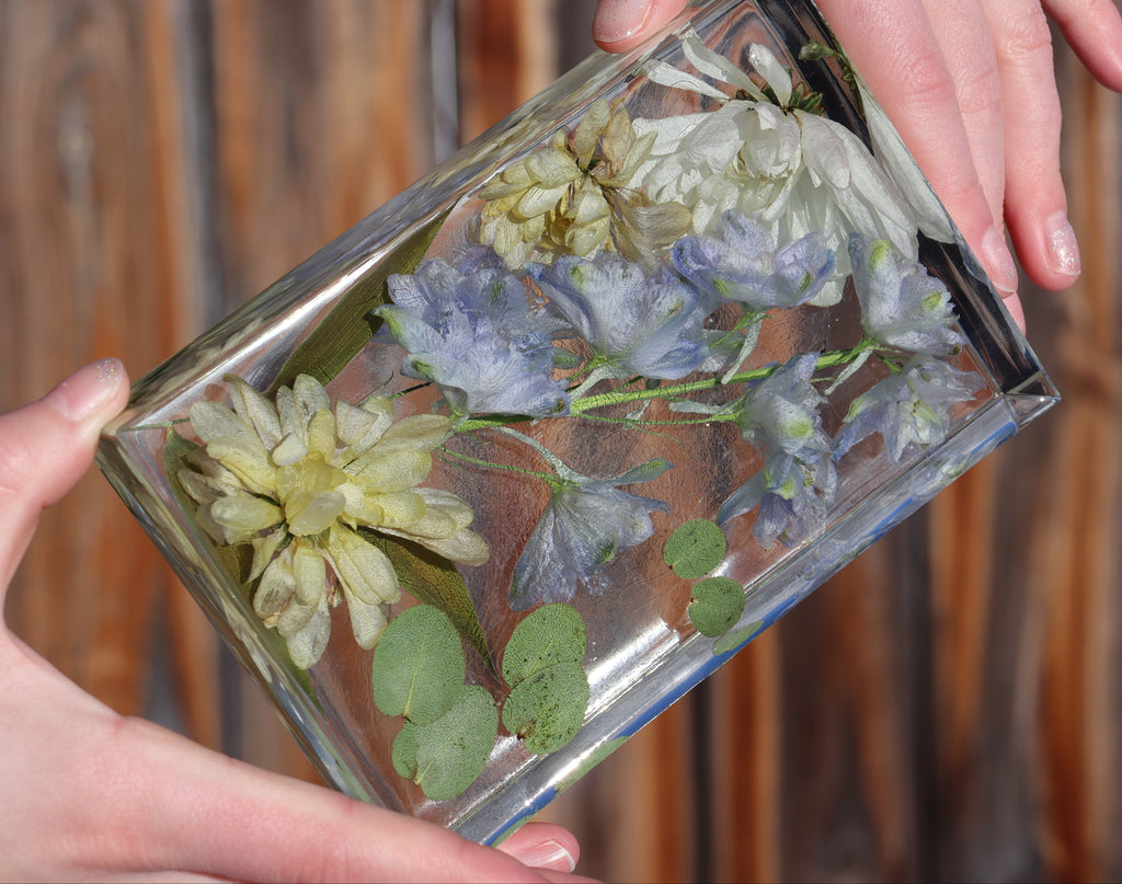 4x6 clear resin block with dried flowers preserved inside